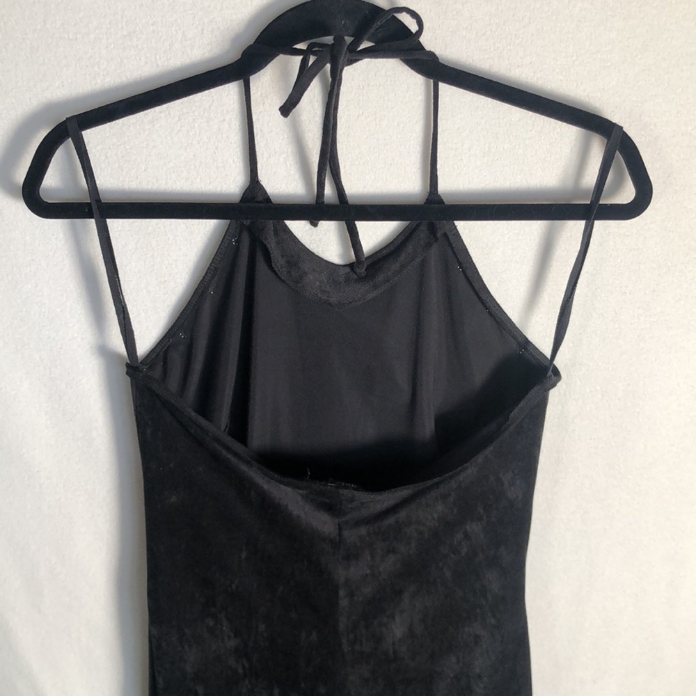 **SOLD* Aziz Black Halter Dress Decorative Studs. Low Back, V Bottom Hem. Size S - Picture 5 of 8